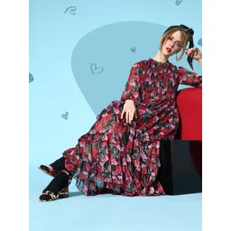 Antheaa Women Gorgeous Red Floral Tiered Dress-image-27