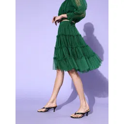 Antheaa Women Green Solid Net Flared Tulle Skirt-picture-24