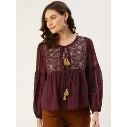 Antheaa Women Maroon & Off White Party Embroidered Tie-Up Shrug-picture-16