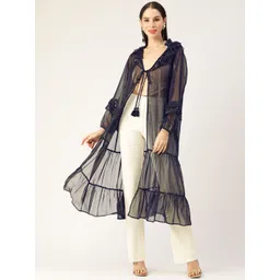 Antheaa Women Navy Blue Solid Longline Tie-Up Shrug-image-25