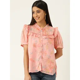 Antheaa Women Peach-Coloured Floral Print Mandarin Collar Chiffon Top-picture-21