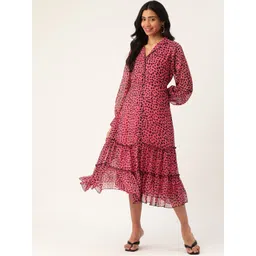 Antheaa Women Pink & Black Animal Printed Tiered A-Line Midi Dress-image-38