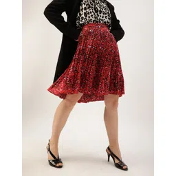 Antheaa Women Red & Black Accordion Pleated Animal Printed A-Line Skirt-picture-24