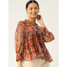 Antheaa Women Rust & Navy Blue Ethnic Motif Print Chiffon Cuffed Sleeves Top-image-8