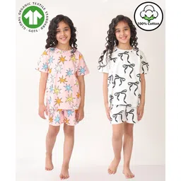 Anthrilo 100% Cotton Knit Pack Of 2 Half Sleeves Bow & Star Printed Coordinating Night Suit Set - White & Pink-image-24