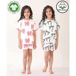 Anthrilo 100% Organic Cotton Knit Pack Of 2 Half Sleeves Bow Printed Coordinating Night Suits - White-image-25