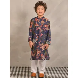 Anthrilo Boys Navy & White Cotton Regular Fit Printed Kurta Set-image-34