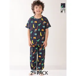 Anthrilo Boys Pure Cotton Pack Of 2 Panda And Dinosaur Fun Navy Short Sleeve Pyjama-image-0
