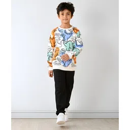 Anthrilo Cotton Blend Full Sleeves Dinosaurs Printed Sweatshirt With Warm Fleece Solid Joggers Set - White & Black-image-1