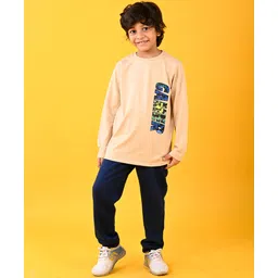 Anthrilo Cotton Blend Full Sleeves Gamer Text Printed Tee With Warm Fleece Solid Joggers Set - Beige & Navy-image-24