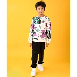 Anthrilo Cotton Blend Full Sleeves Text Printed Sweatshirt With Warm Fleece Solid Joggers Set - White & Black-image-29