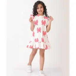 Anthrilo Cotton Flutter Sleeves Bows Printed Dress - Off White-image-8