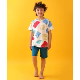 Anthrilo Cotton Knit Half Sleeves Building Blocks Printed Tee & Shorts Set - White & Teal-image-9