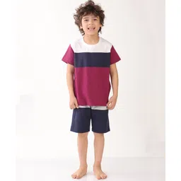 Anthrilo Cotton Knit Half Sleeves Colour Blocked Coordinating Tee & Shorts Set - Multi Colour-image-39