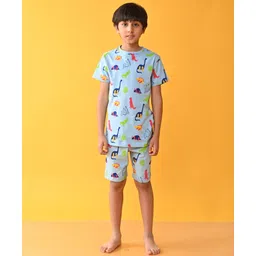 Anthrilo Cotton Knit Half Sleeves Dinosaur Printed Night Suit - Blue-image-38
