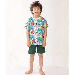 Anthrilo Cotton Knit Half Sleeves Dogs Printed Coordinating Tee & Shorts Set - White & Green-image-45
