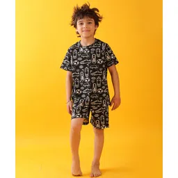 Anthrilo Cotton Knit Half Sleeves Football Theme Printed Tee & Coordinating Shorts Set - Black-image-44