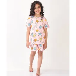 Anthrilo Cotton Knit Half Sleeves Stars Printed Coordinating Tee & Shorts Set - Pink-image-15