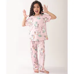 Anthrilo Cotton Knit Half Sleeves Unicorns Printed Coordinating Tee & Pajama Set - Pink-image-12
