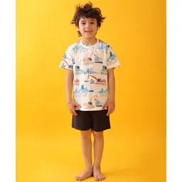 Anthrilo Cotton Knit Half Sleeves Vehicles Printed Tee & Shorts Set - White & Navy-image-10