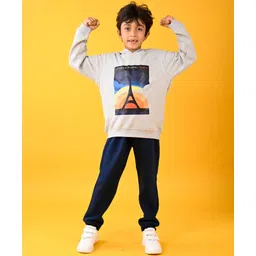 Anthrilo Fleece Full Sleeves Eiffel Tower Printed Sweatshirt & Joggers Set - Grey & Navy Blue-picture-17