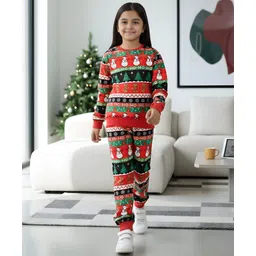 Anthrilo Fleece Knit Christmas Theme Full Sleeves Snowman Printed Light Winter Sweatshirt & Jogger Set - Red-picture-11