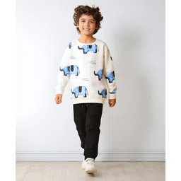 Anthrilo Fleece Knit Full Sleeves Elephants Printed Winter Sweatshirt With Joggers Set - White & Black-picture-10
