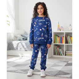 Anthrilo Fleece Knit Full Sleeves Space Theme Printed Coordinating Winter Sweatshirt With Joggers Set - Blue-picture-25