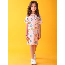 Anthrilo Girls Graphic Printed Smiling Star Round Neck Pure Cotton T-shirt Dress-image-27