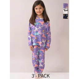 Anthrilo Girls Pack of 3 Abstract Printed Long Sleeve Night suit-image-40