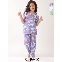 Anthrilo Girls Pack Of 3 Unicorn Star,Butterfly & UnicornPlanet Printed Cotton Night suits-image-42