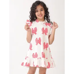 Anthrilo Girls Print Summer Bow Pink Frill - Off White A-Line Dress-picture-42