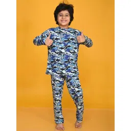 Anthrilo Kids Blue Cotton Printed Full Sleeves T-Shirt & Trouser image 1