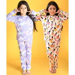 Anthrilo Pack Of 2 Full Sleeves Nail Paint & Unicorn Theme Printed Night Suits - Off White-image-0