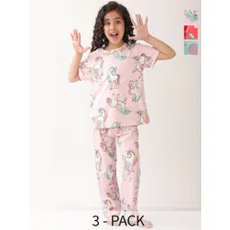 Anthrilo Pack Of 3 Girls Unicorn Star,cherry Red And Icecream Short Sleeve Night suit-image-34