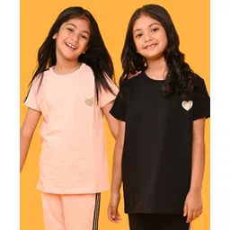 Anthrilo Terry Pack Of 2 Half Sleeves Heart Printed Tees - Pink & Black-image-14