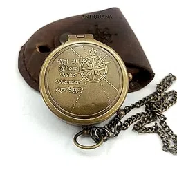 ANTIQUANA Brass Compass Unique Print 'Not All Those Who Wander are Lost' Engraved Compass with Leather Case and Chain A Great Gift Item for Your Loved Ones-picture-27