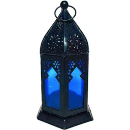antique collection Moroccan Lantern With Blue Glasses Black Iron Hanging Lantern-picture-17