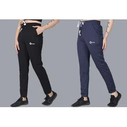 antrue Pack of 2 Women Solid Black, Blue Track Pants-picture-22