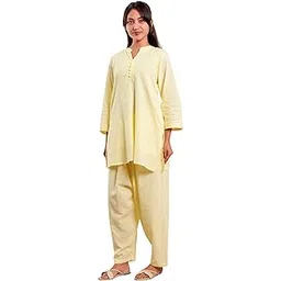 anubhuti vastram Women's Cotton Co-ord Set | Comfortable Casual Wear 3/4 Sleeves Top and Bottom Set | Ethnic Kurta & Dhoti Pants | Stylish Loose-Fitting Two-Piece Yoga Dress for Girls (Light Yellow)-picture-39