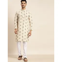 Anug by SOJANYA Men Cream-Coloured & Grey Woven Design Kurta-image-21