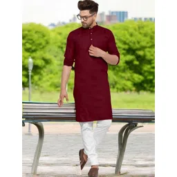 ANUJ FASHION Men Maroon Cotton Blend Straight Kurta-picture-38