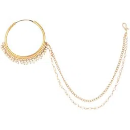anuradha Plus traditional golden finish floral design and studded shimmering white stone with hanging pearl beads bridal nose ring.-picture-15
