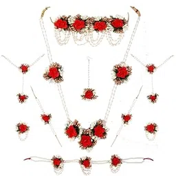 anuradha pearl Adorable Red and Golden Colour Bridal Flower Jewellery Set for Haldi Gota Patti Necklace Earrings, Bracelet & Maang Tika for Women & Girls.-picture-30