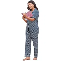 anurang Women's Night Suit | Pure Cotton | Relaxed Fit | Polka Dots Patterned | Collared Neck | Half Sleeve | Navy Blue-picture-39
