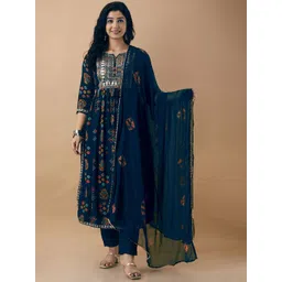 Anushansa Women Floral Embroidered Regular Sequinned Kurta with Trousers & With Dupatta-picture-11