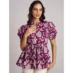 ANUTTARA FASHIONS Floral Print Mandarin Collar Puff Sleeve Peplum Top-picture-21