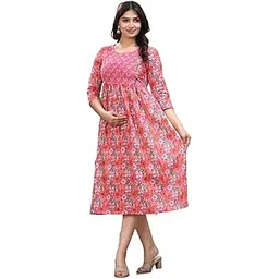 anuvan vastra Maternity Gown for Women | Cotton Floral Print Feeding Dress | Pre & Post Pregnancy Kurta | Round Neck, 3/4 Sleeves, Knee Length with Side Zippers for Easy Feeding-picture-34