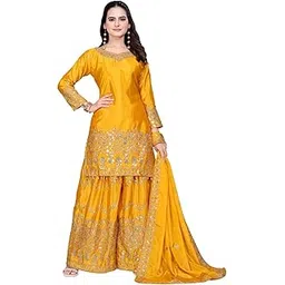 anveri textiles Anvri Textiles Yellow Embroidered Kurta Sharara Set for Women – V-Neck, 3/4th Sleeves, Knee-Length Kurta with Matching Dupatta – Festive & Haldi Perfect-picture-11