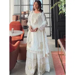 ANVERI TEXTILES Floral Embroidered Sequinnned Straight Pure Silk Kurta Palazzo & Dupatta-picture-1